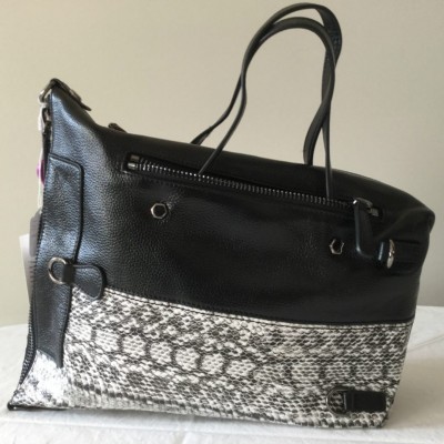 Convertible Black Leather Handbag with Black and White Patterns